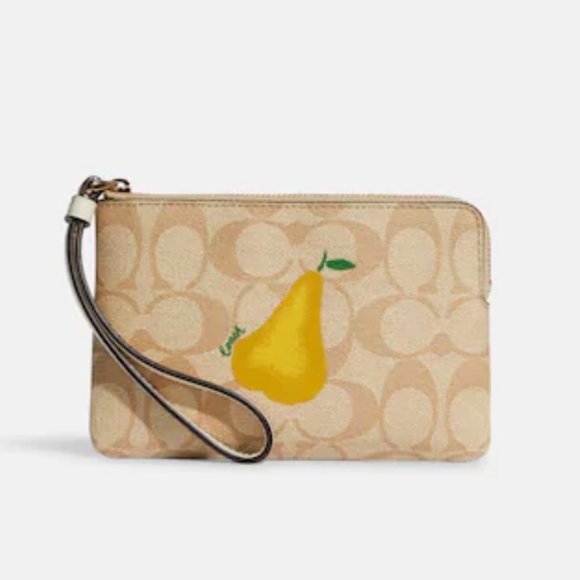 Coach Women's Signature Canvas Print with Pear Corner Zip Wristlet NWT Gold - Picture 4 of 10